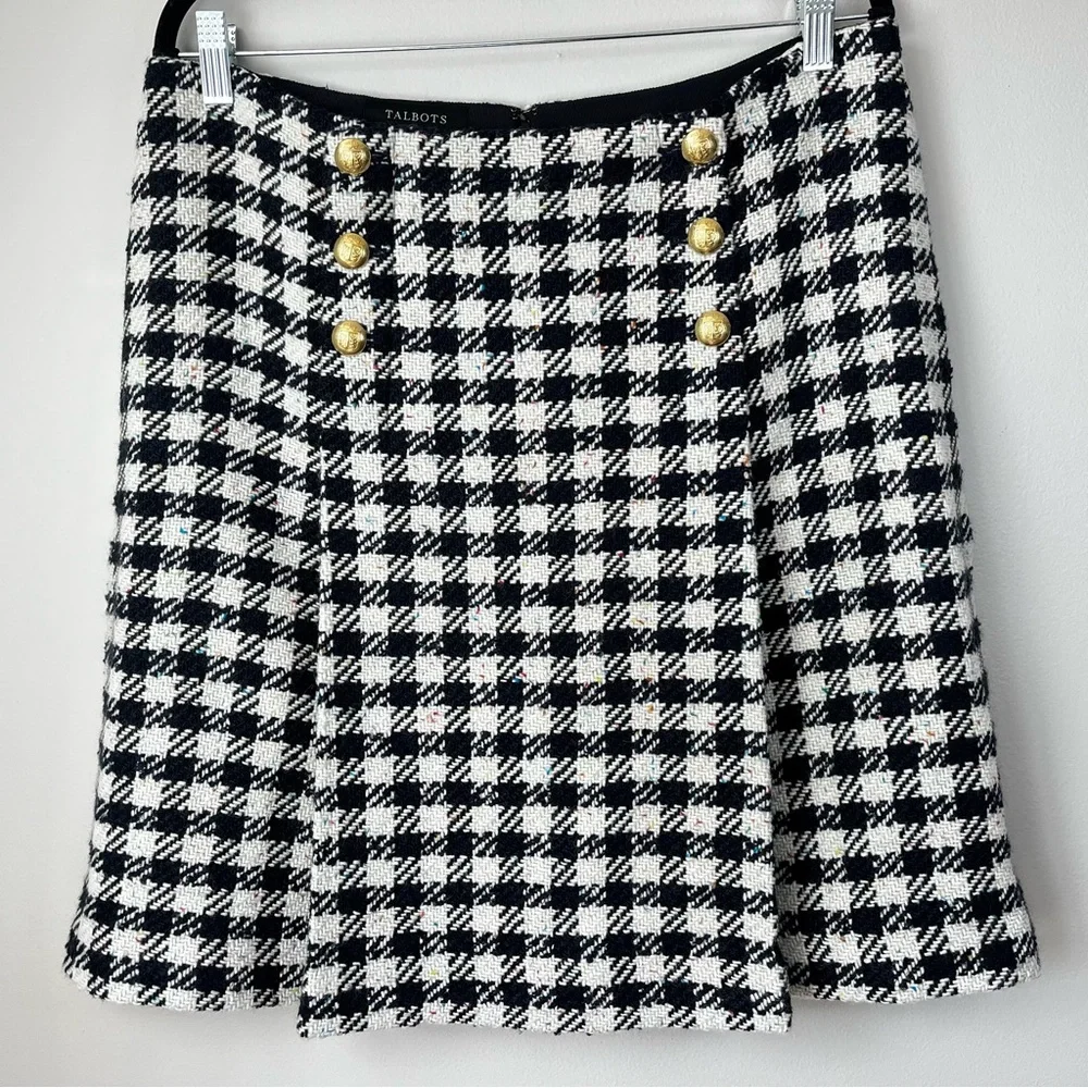 NWT Talbots Women's 12 Multicolor Houndstooth Tweed Mini Skirt Gold Buttons